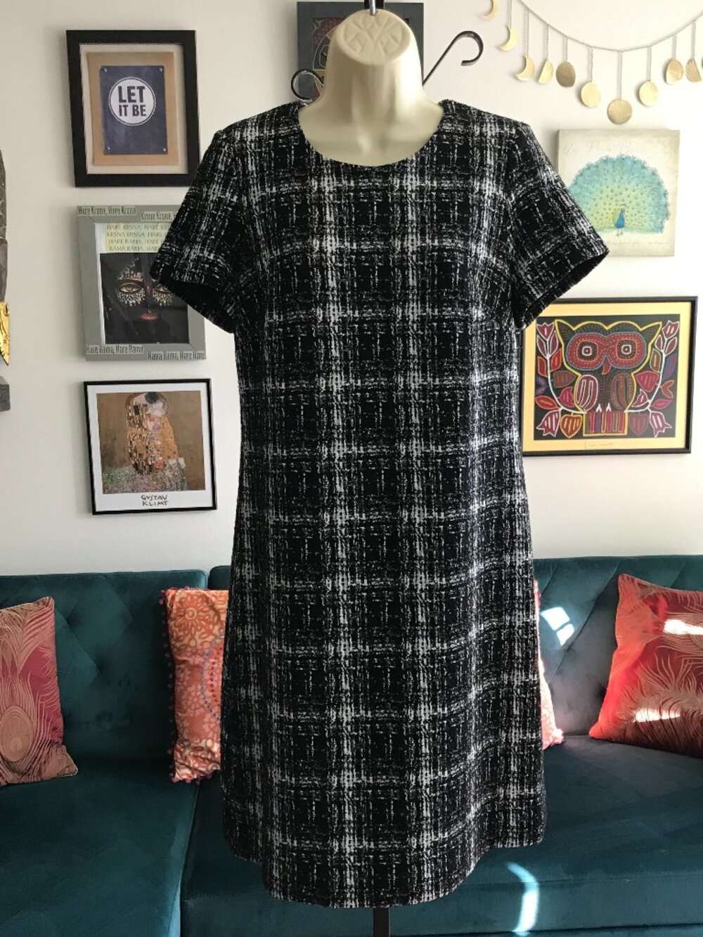 CALVIN KLEIN size 10 Black & White Stretch Tweed Knit Plaid Sheath Dress Career